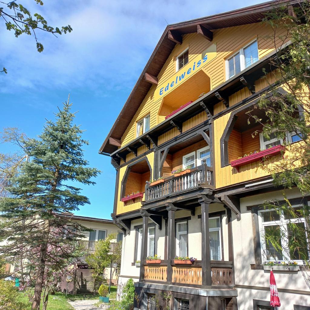 The exterior of Gasthof Edelweiss is captured in bright daylight, showcasing a charming, multi-level building with wooden balconies and decorative elements. Lush green trees and plants frame the structure, enhancing its welcoming presence in a peaceful forested area.