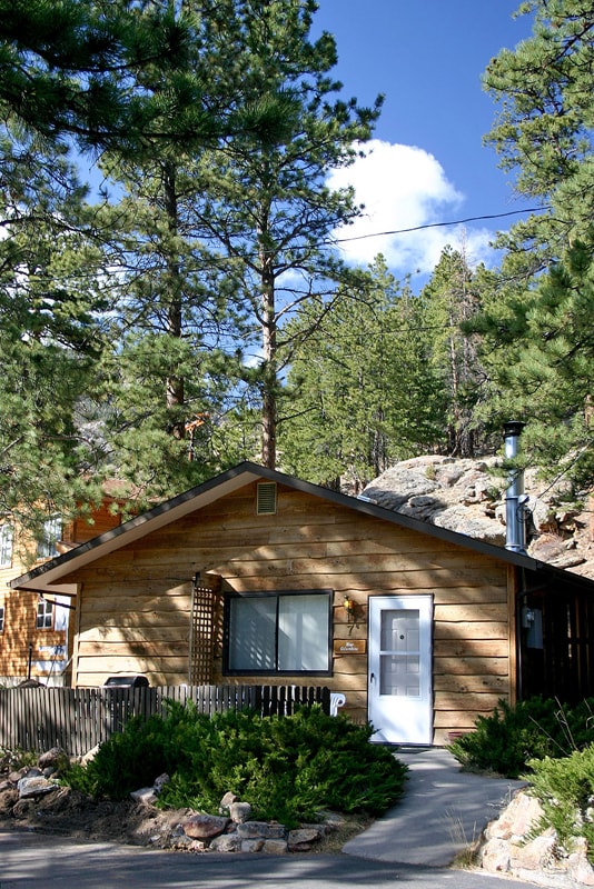 A rustic cabin features wooden siding and a welcoming front porch. A gas grill is positioned nearby, surrounded by greenery and boulders. Tall pine trees rise behind the cabin, and a clear blue sky peeks through the branches.