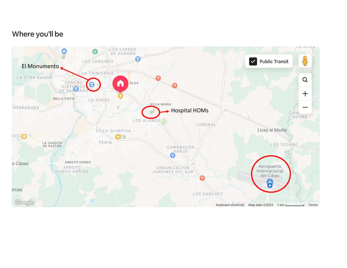 A detailed map highlights key locations including El Monumento, Hospital HOMs, and Aeropuerto Internacional del Cibao in Santiago. Clearly labeled routes for public transit and landmarks provide a visual reference for nearby attractions and transportation options.