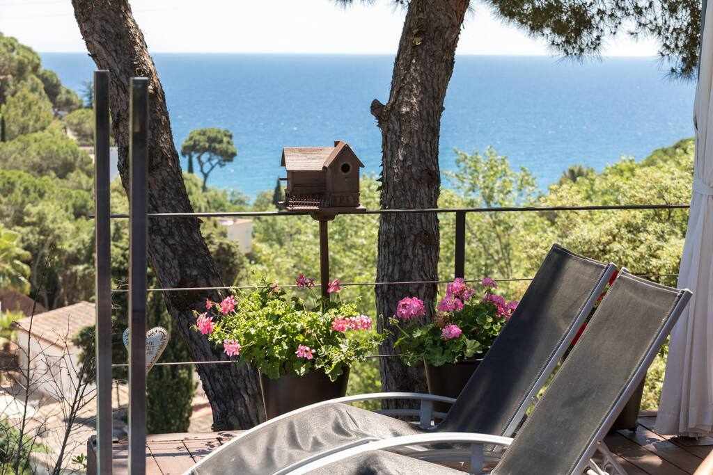A serene view is framed by lush greenery, showcasing a peaceful outdoor space with lounge chairs. Vibrant flowers in pots add color, while a charming birdhouse stands nearby, overlooking the expansive sea and tree-lined coastline.