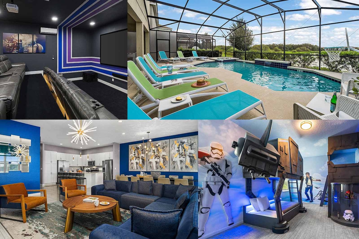 A home theater room features a large screen and ten cozy leather recliners, accented by colorful wall lighting. The outdoor patio showcases a private screened-in pool with lounge chairs and a relaxing spillover spa. A modern living area with blue and orange decor invites relaxation and entertainment.
