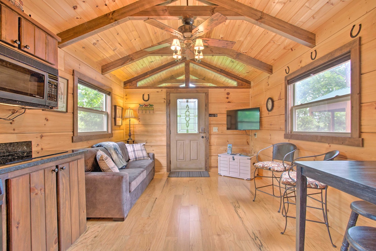 A rustic interior features wooden walls and ceiling beams, creating a cozy atmosphere. A sofa is positioned near the entrance, complemented by a small table and chairs. A kitchenette with wooden cabinets and a microwave is visible, alongside a wall-mounted TV and a decorative door with a welcoming view.