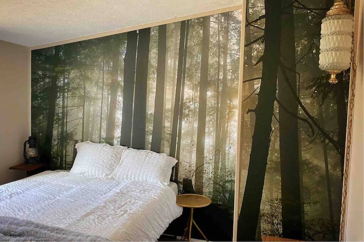 Snuggle into our Mystic Forest bedroom and enjoy a comfty night sleep on our new Zinus Memory foam mattress!