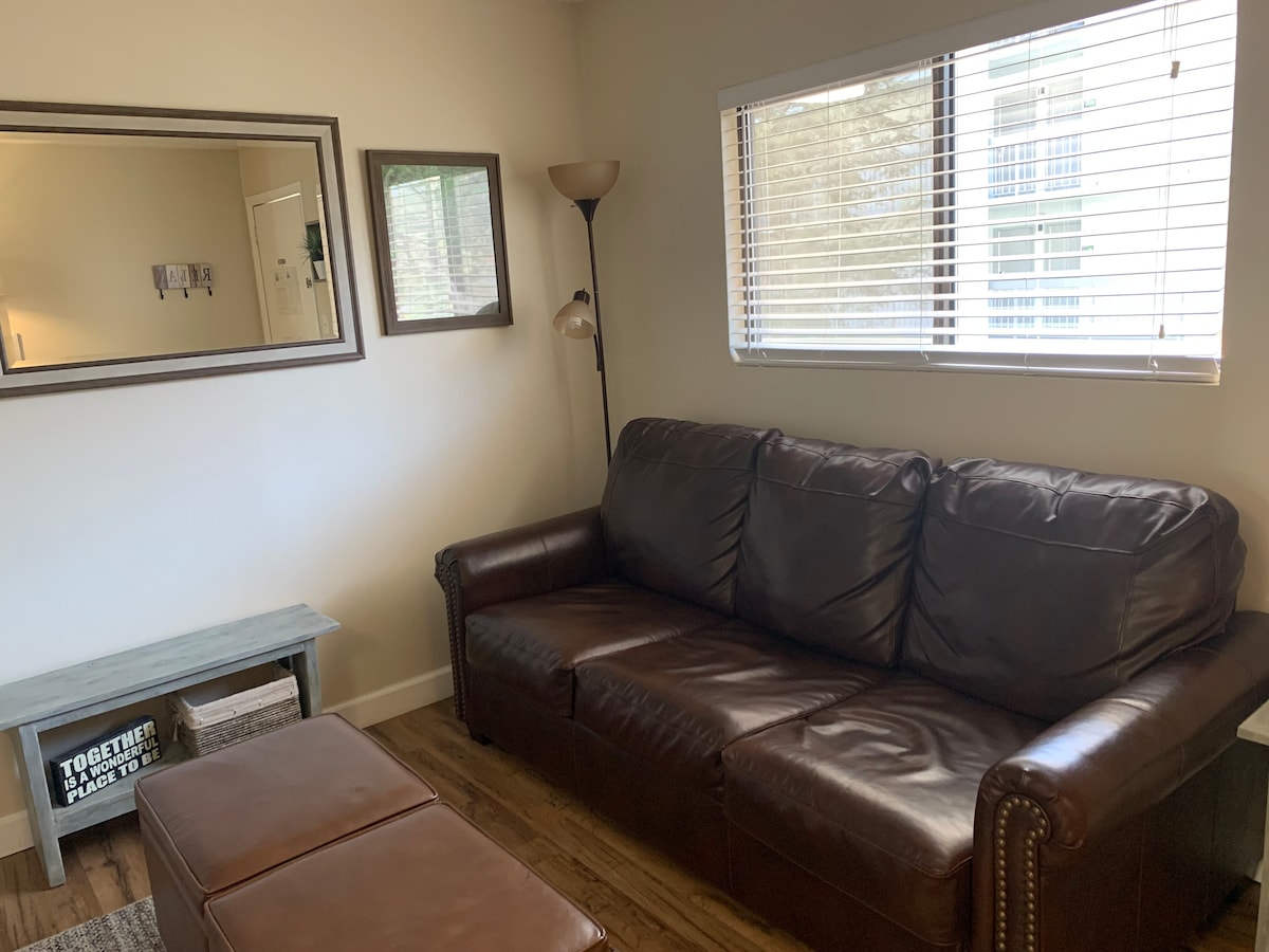 A cozy living area features a brown leather sofa with seating for multiple guests. A rectangular coffee table is positioned in front, accompanied by a large mirror that reflects the natural light from the window. Blinds are partially drawn, allowing soft light to enter the room.