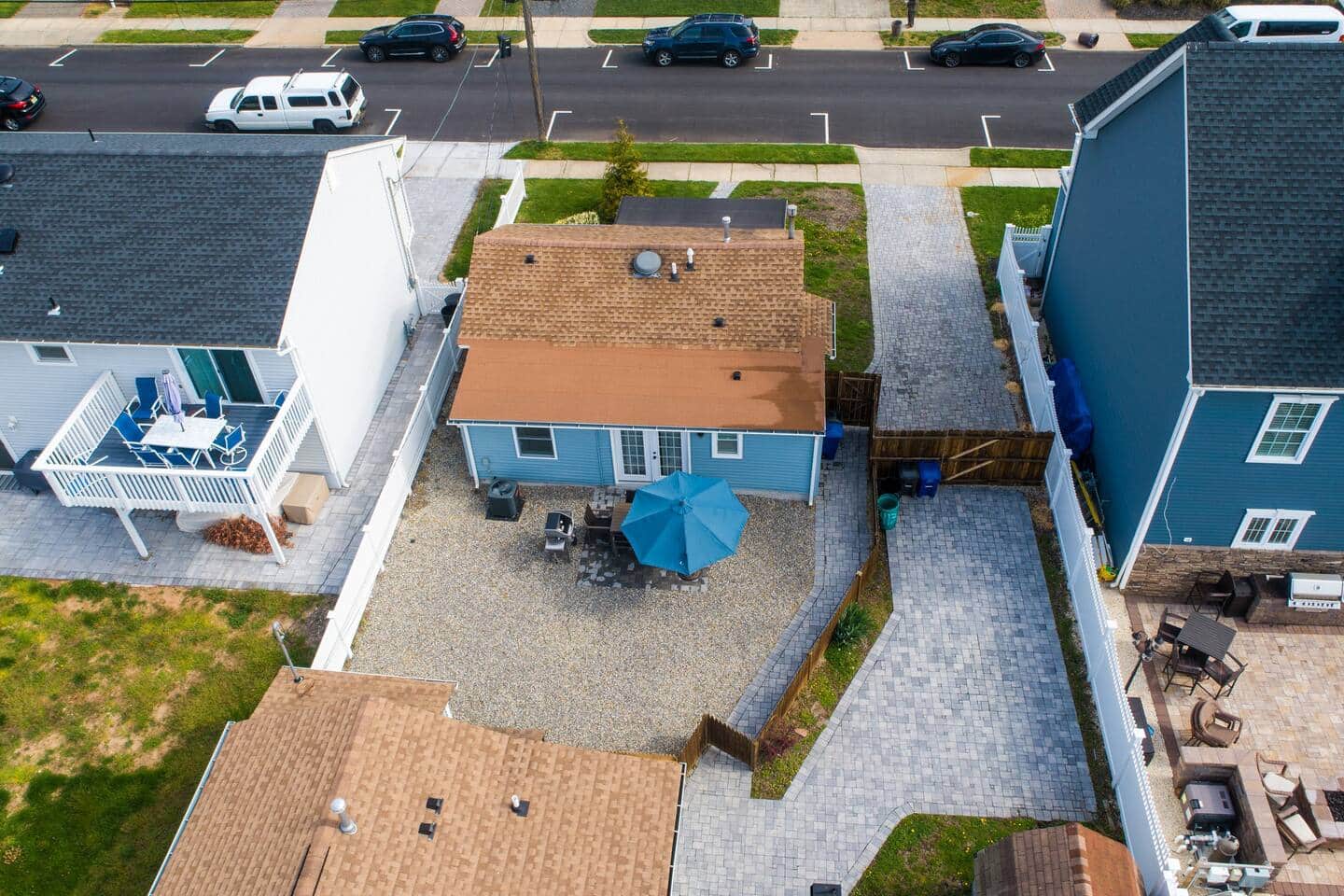 Aerial view of the house, patio and yard from above