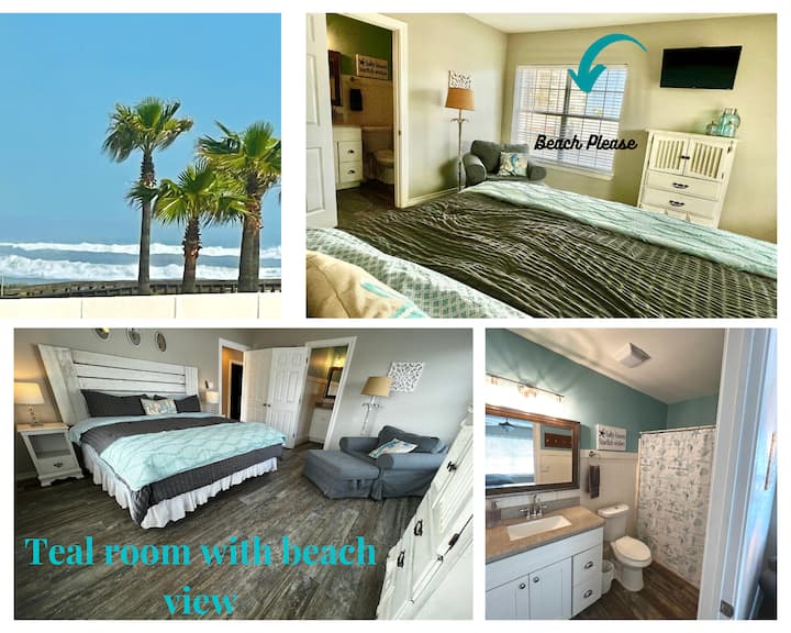 Chumba cha ghorofa ya 2 cha Teal chenye mwonekano wa ufukweni. Kitanda aina ya King kilicho na nafasi ya ziada kwa ajili ya mchezo wa vifurushi, eneo la kukaa na bafu lililounganishwa