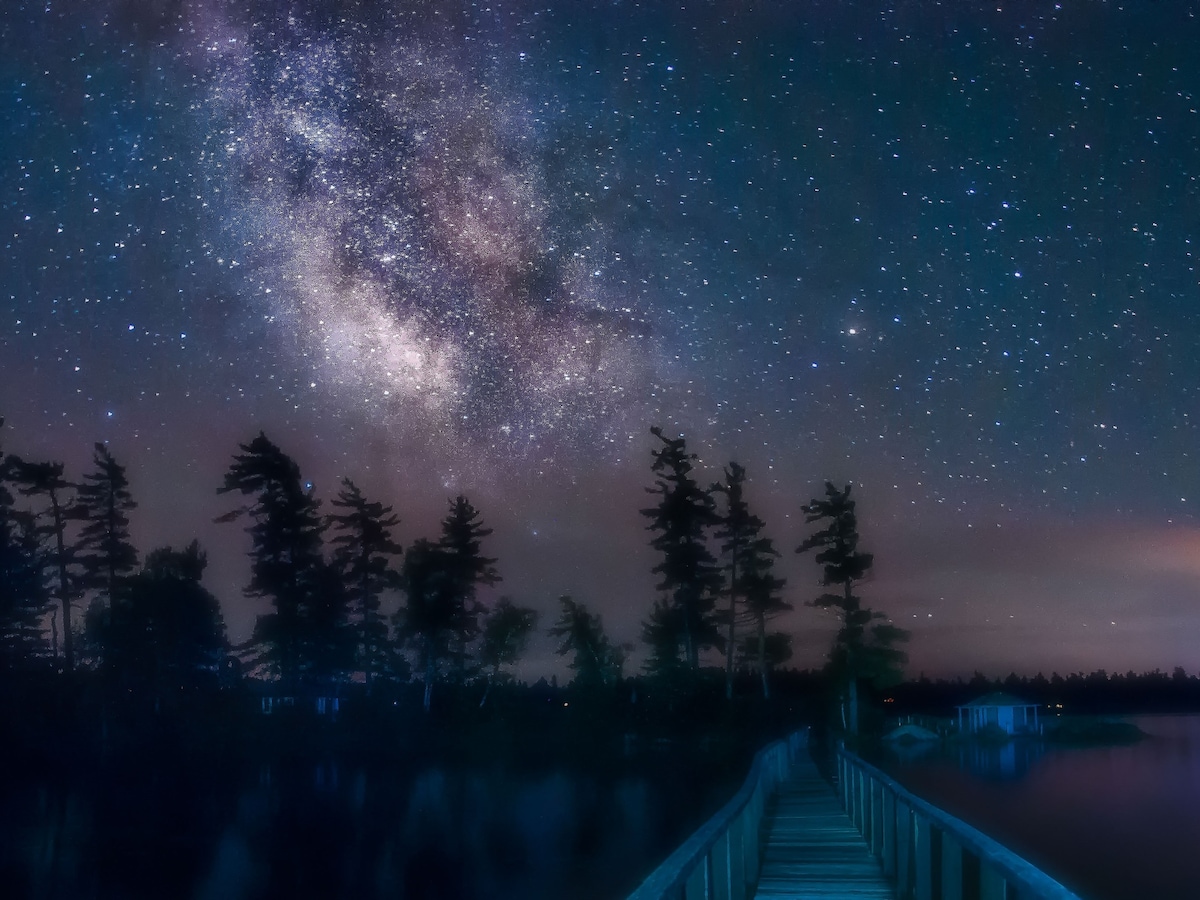 A wooden dock extends over a tranquil body of water, flanked by silhouetted trees. The night sky is filled with a multitude of stars, including a visible Milky Way, creating a serene and expansive view. Soft reflections shimmer on the water's surface.