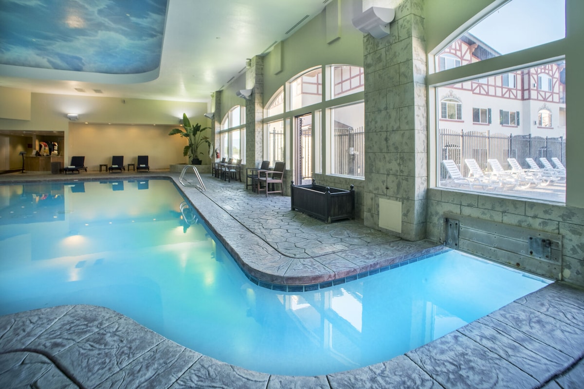 An indoor pool area is showcased, featuring a curved pool with a shallow step-in portion. Large windows provide natural light, revealing an outdoor seating area with lounge chairs. The ceiling is adorned with a mural depicting a blue sky and water.