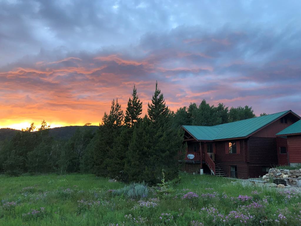 A two-story cabin is set against a vibrant sunset, featuring a green metal roof and wooden exterior. Surrounding trees and wildflowers decorate the grassy area, highlighting the natural beauty of the landscape with distant mountains on the horizon.
