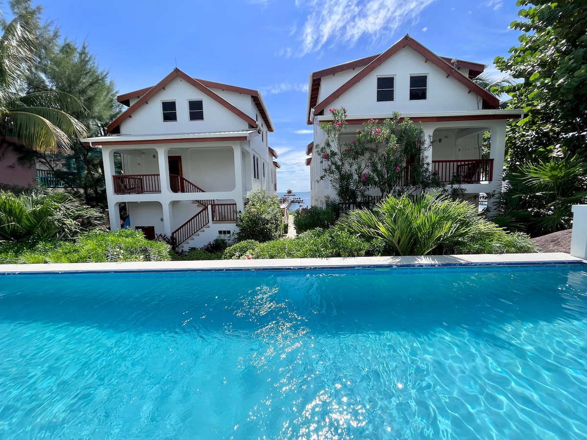 A clear view of two white buildings surrounded by lush greenery is captured from the edge of a sparkling blue pool. The buildings feature balconies and are positioned steps away from the water, with bright blue skies above enhancing the serene atmosphere.