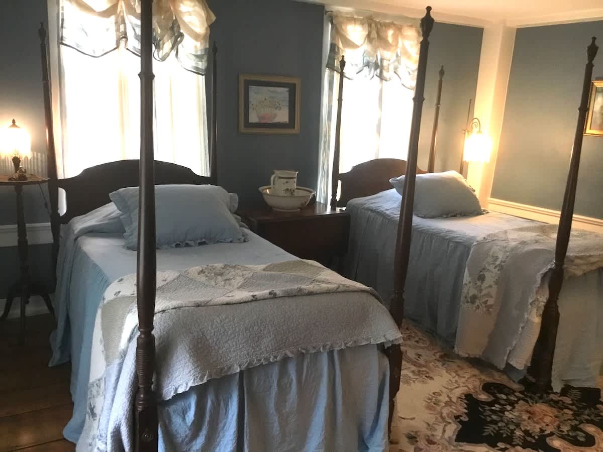 Two comfy oversize twin beds in the "Blue Room" second bedroom