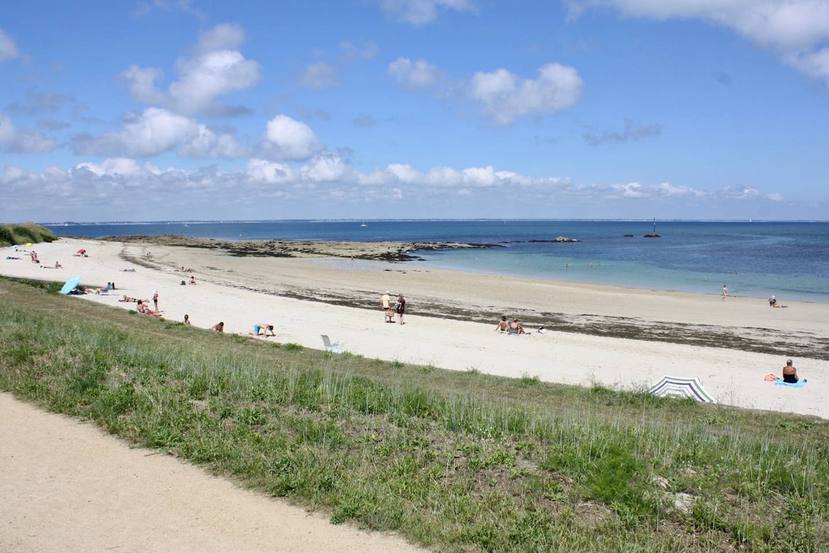 A sandy beach stretches along the shoreline, bordered by gentle waves of the sea. Sunbathers relax on the sand under a clear blue sky, interspersed with fluffy clouds. The beach is framed by green grass and rocky outcrops in the distance.