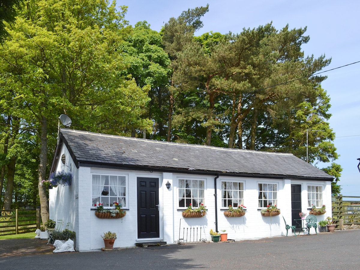 A single-storey white cottage features multiple windows adorned with flower boxes. A black front door provides an inviting entrance, while greenery from nearby trees enhances the natural setting. The pathway is lined with potted plants, creating a welcoming outdoor space.