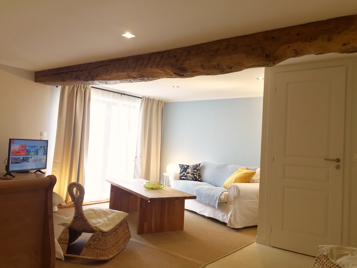 A cozy living area is characterized by natural light flowing in through large windows. A comfortable white sofa with decorative cushions faces a wooden coffee table. A television sits on a stand in the corner, and a woven lounge chair adds a touch of texture to the space.