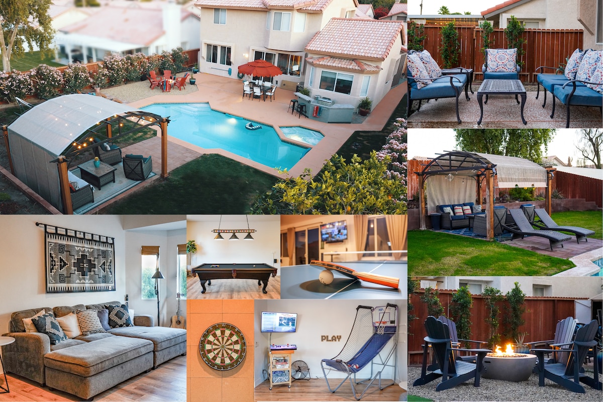 The image displays various areas of the property, showcasing an outdoor pool surrounded by lounge chairs and dining spaces. A gazebo provides shade over outdoor seating. Inside, a billiards table and a cozy living area with a sectional sofa are featured, along with a wall-mounted television and a dartboard.