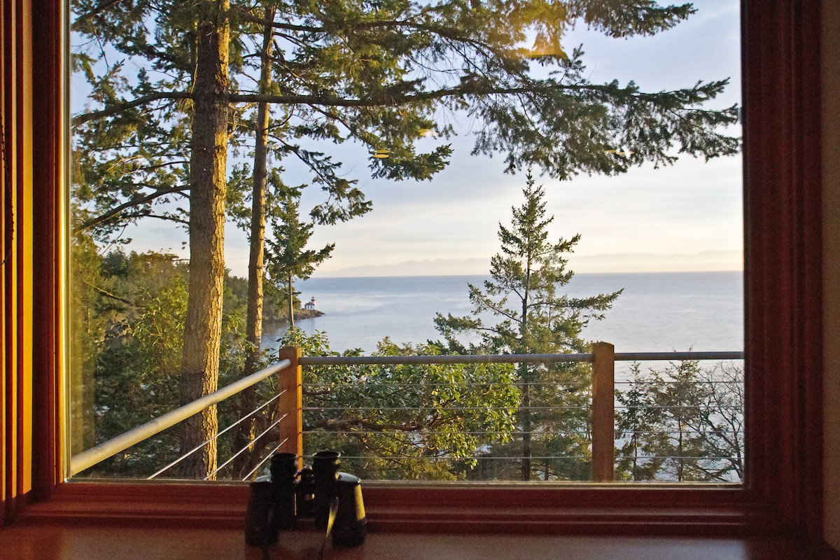 A scenic view is framed by tall trees from a window, showing the calm waters of the Haro Strait. The horizon blends softly with the sky, while binoculars are positioned on the windowsill for observing marine life.