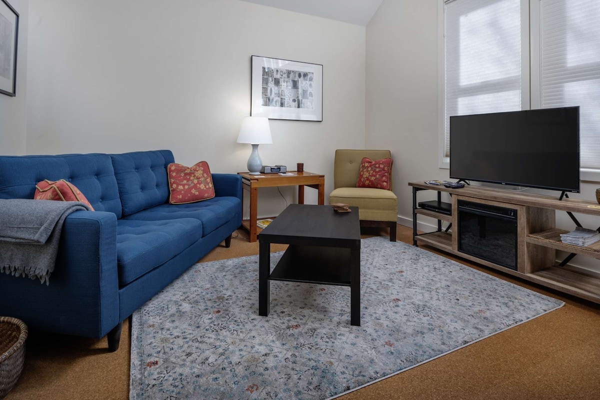 The living area features a blue couch with decorative pillows alongside a comfortable accent chair. A low black coffee table is centered on a patterned area rug, with a television on a media stand in the corner. Natural light is provided by three nearby windows.