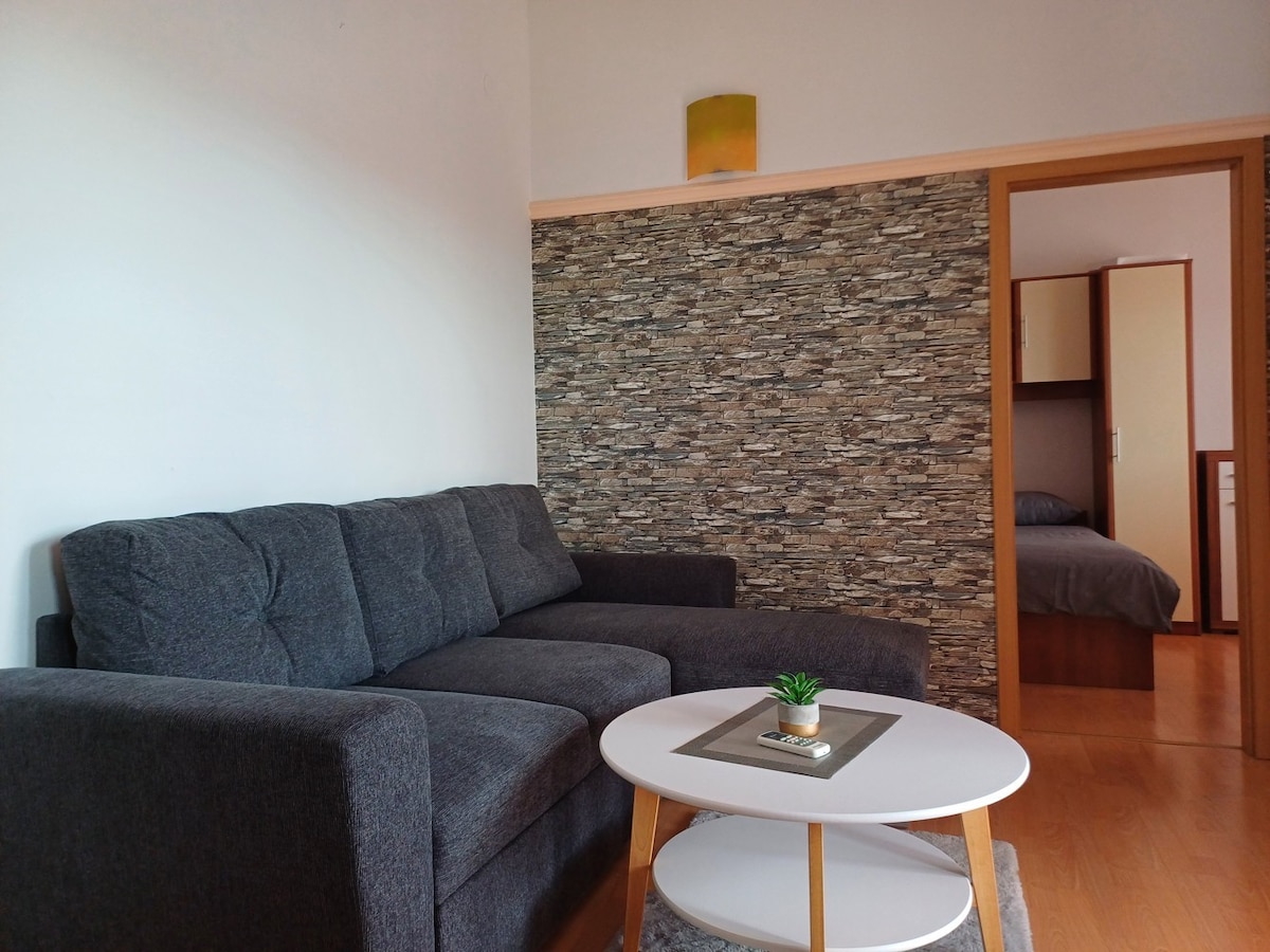 A spacious living area features a dark gray sectional sofa arranged around a round coffee table. A decorative plant sits atop the table, and a textured wall adds visual interest. A doorway leads to the bedroom, creating a sense of connectivity within the apartment.