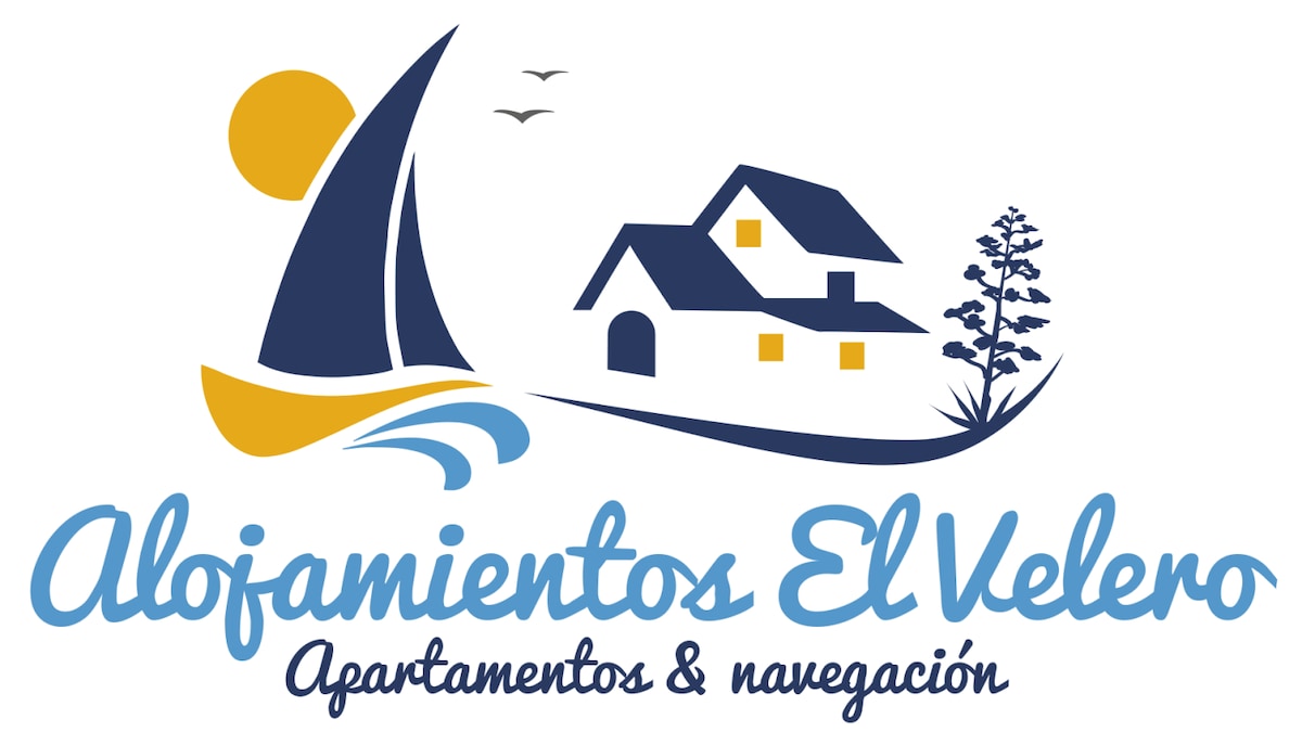 A logo is displayed featuring a stylized sailboat with a yellow sun in the background. A simple house silhouette and a tree are integrated, reflecting a coastal theme. The text 'Alojamientos El Velero' is presented in a friendly script, emphasizing 'Apartamentos & navegación' below.