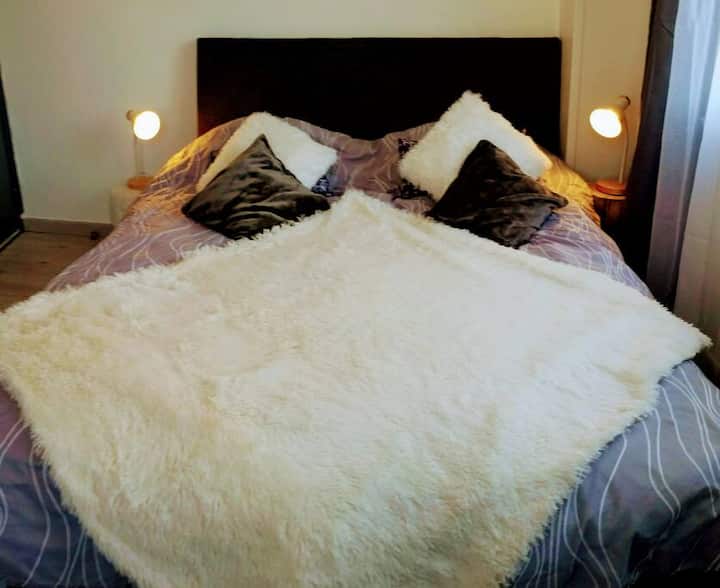 Chumba cha kulala cha 2 chenye kitanda aina ya queen, ubao wa kitanda maridadi, mito laini na blanketi la manyoya na taa za kusomea kitandani