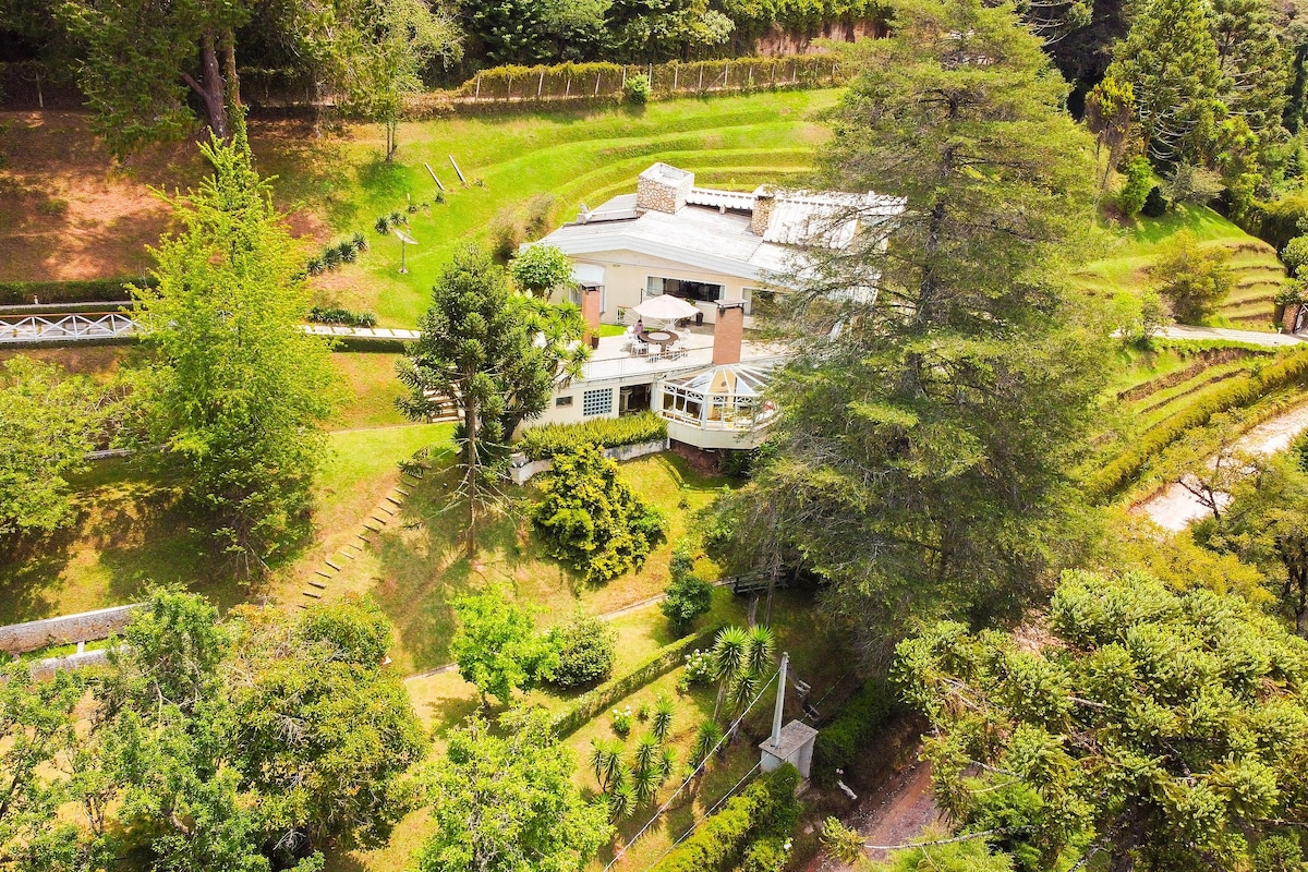 An aerial view showcases the house set amid lush greenery, with a large outdoor deck visible. The surrounding landscape features trees and well-maintained gardens, offering a serene backdrop. Pathways meander through the grounds, enhancing the tranquil atmosphere.
