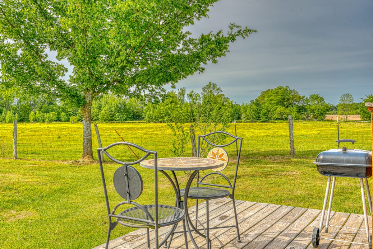 A wooden deck features a small round table with two chairs, offering a view of expansive green fields lined with trees. A grill stands nearby, adding utility to the outdoor space.