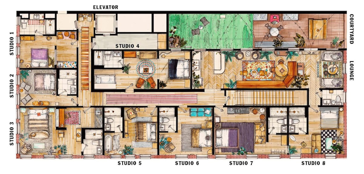 A floor plan is presented, showcasing the layout of eight unique studios. Each studio is connected by shared hallway access, leading to a central courtyard and lounge area. Distinct areas for each studio can be observed, emphasizing a vibrant communal living experience.