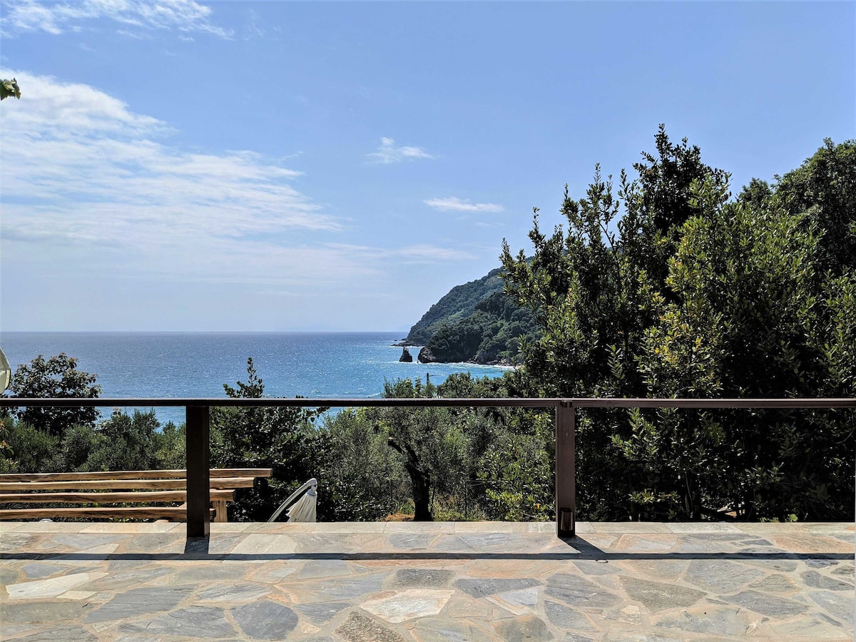 A spacious veranda offers an unobstructed view of the sparkling sea, framed by lush greenery. The coastline is visible in the background, with gentle hills rolling towards the water, creating a serene outdoor setting.