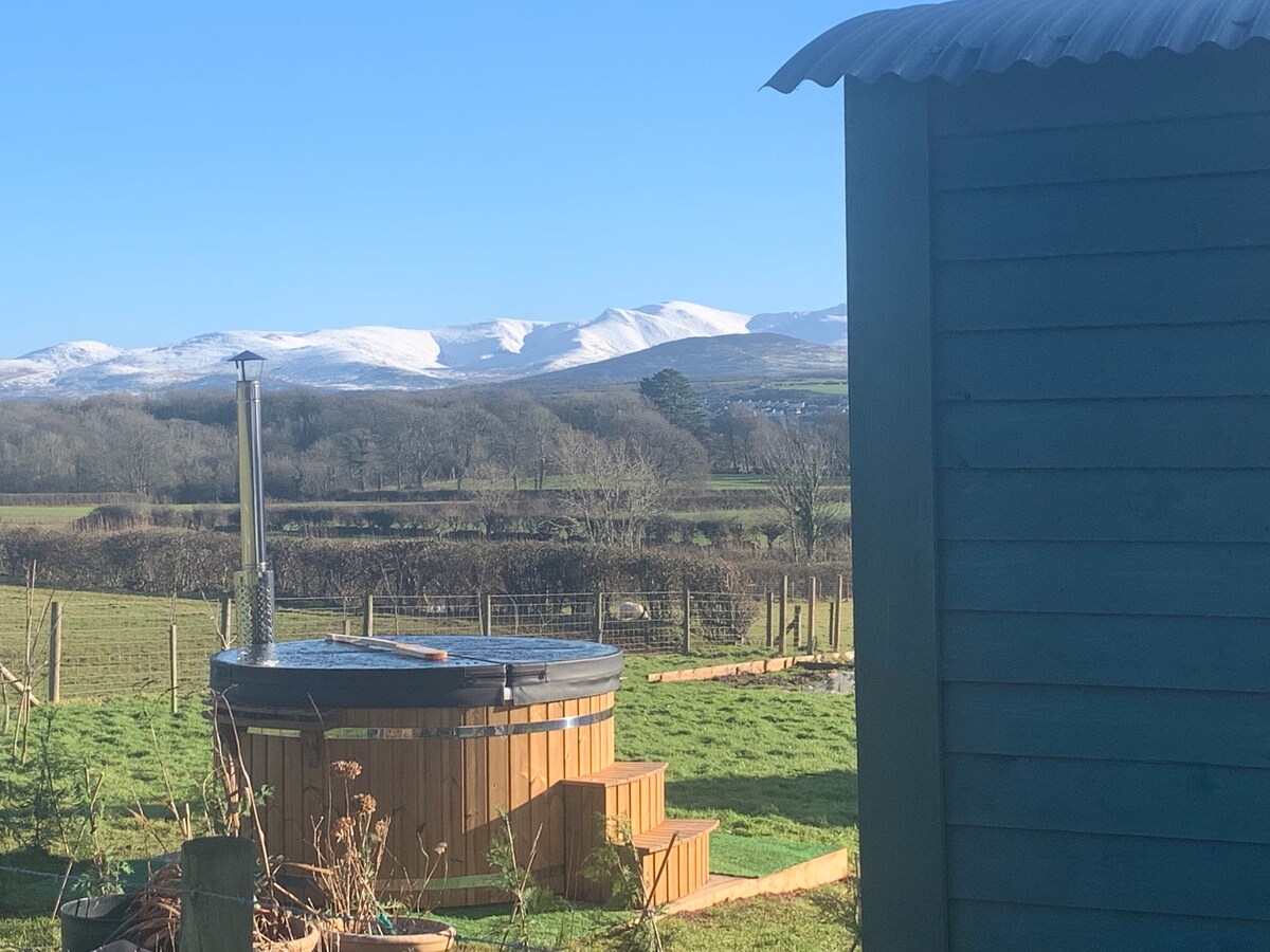 A wood-fired hot tub is positioned in a tranquil outdoor setting, surrounded by greenery. Snow-capped mountains rise in the background under a clear blue sky, enhancing the serene landscape. The hut's exterior is visible nearby, constructed in a rustic style.