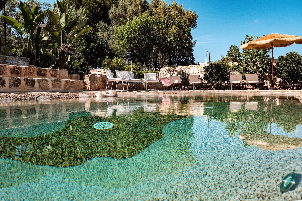 The outdoor pool features textured stone surroundings and is set within a landscaped garden filled with greenery. Sun loungers are positioned nearby under the shade of an umbrella, offering a relaxing space for guests.