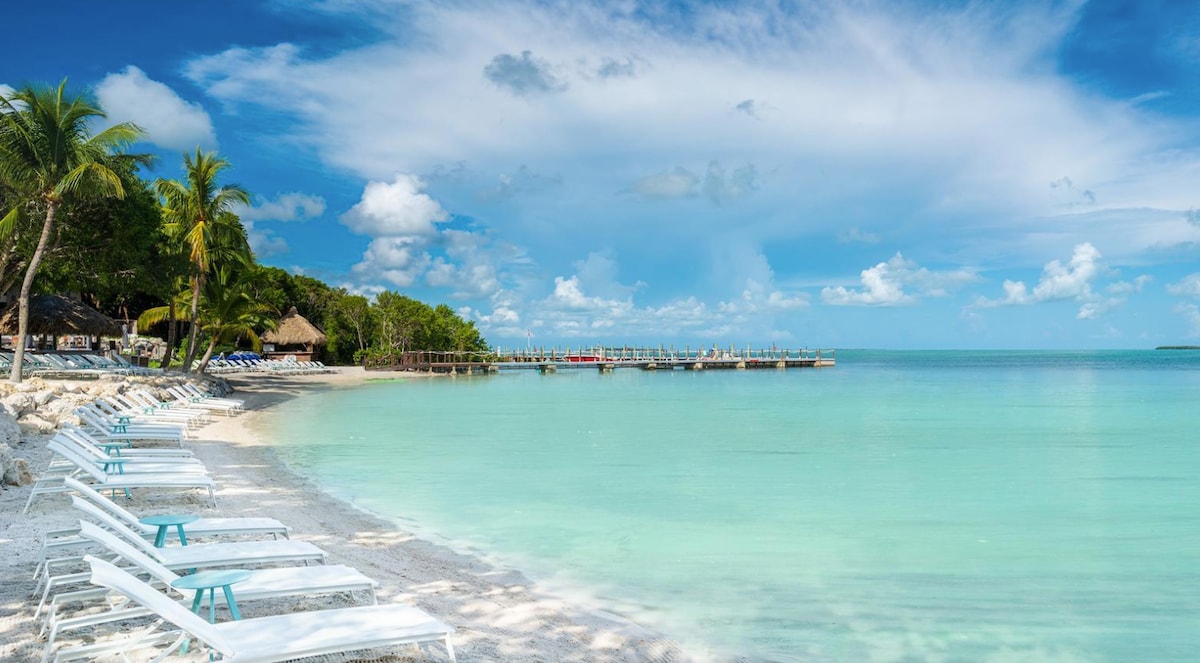 A serene beach scene features soft, white sand and gentle turquoise waters. Palm trees are positioned along the shore, offering shade to sun loungers. A wooden pier extends into the water, connecting the beach to the open sea under a bright blue sky with scattered clouds.
