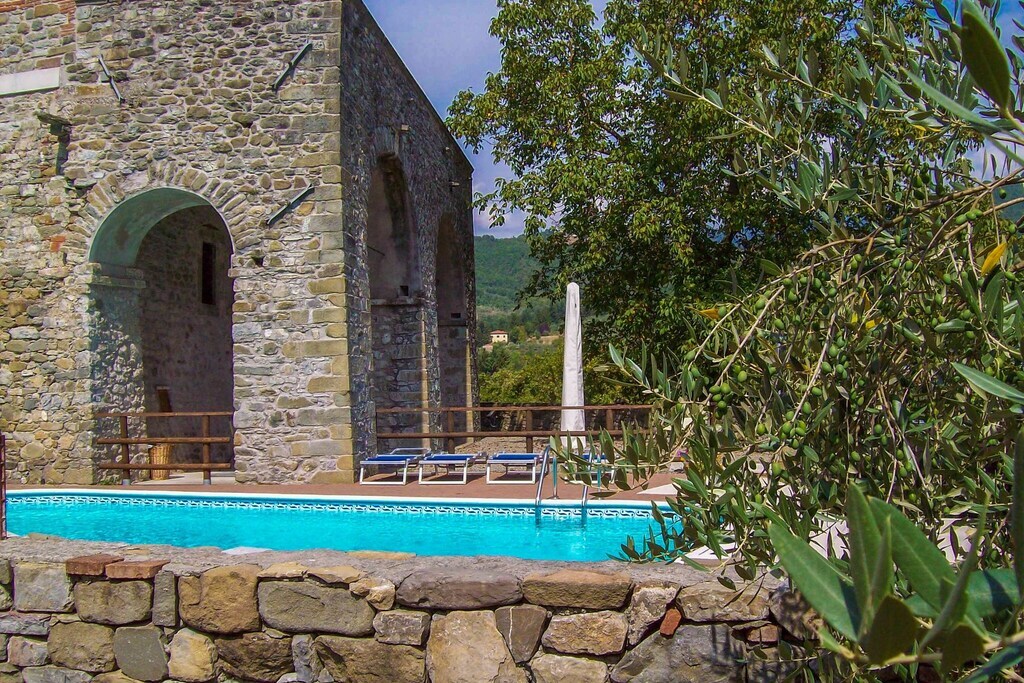A shared swimming pool is framed by stone walls and lush greenery, including olive trees. Sun loungers are positioned at the poolside, inviting relaxation. The backdrop features a rustic stone building with arched openings, contributing to the serene ambiance of the outdoor space.