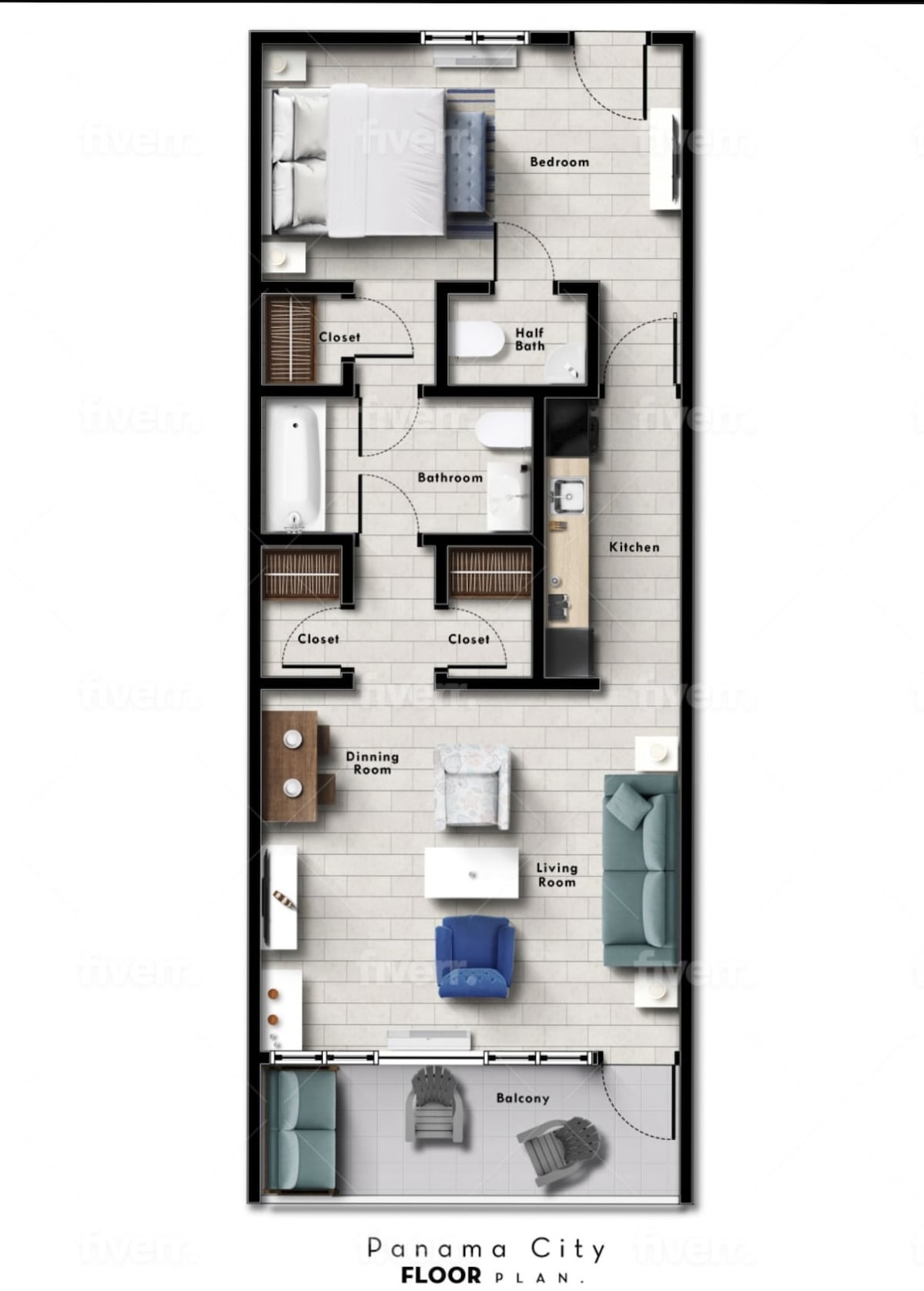The floor plan outlines a one-bedroom condo featuring a kitchen, dining area, living room, and a spacious balcony. The layout includes a full bathroom and a half bathroom, alongside two closets. Each space is clearly defined, ensuring an understanding of the flow of the home.