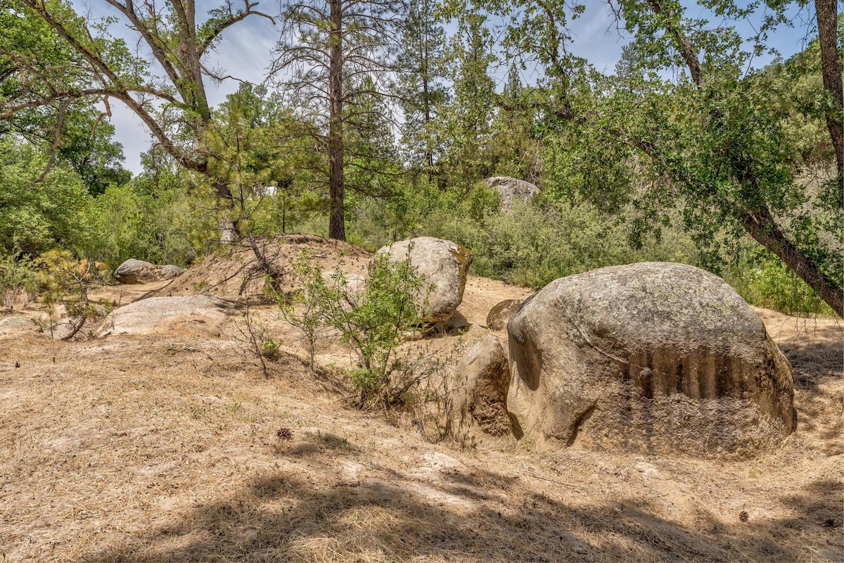 A natural landscape is depicted, featuring large boulders among dry grass and scattered trees. The area shows a mix of greenery and rustic elements, suggesting a serene environment suited for outdoor activities.