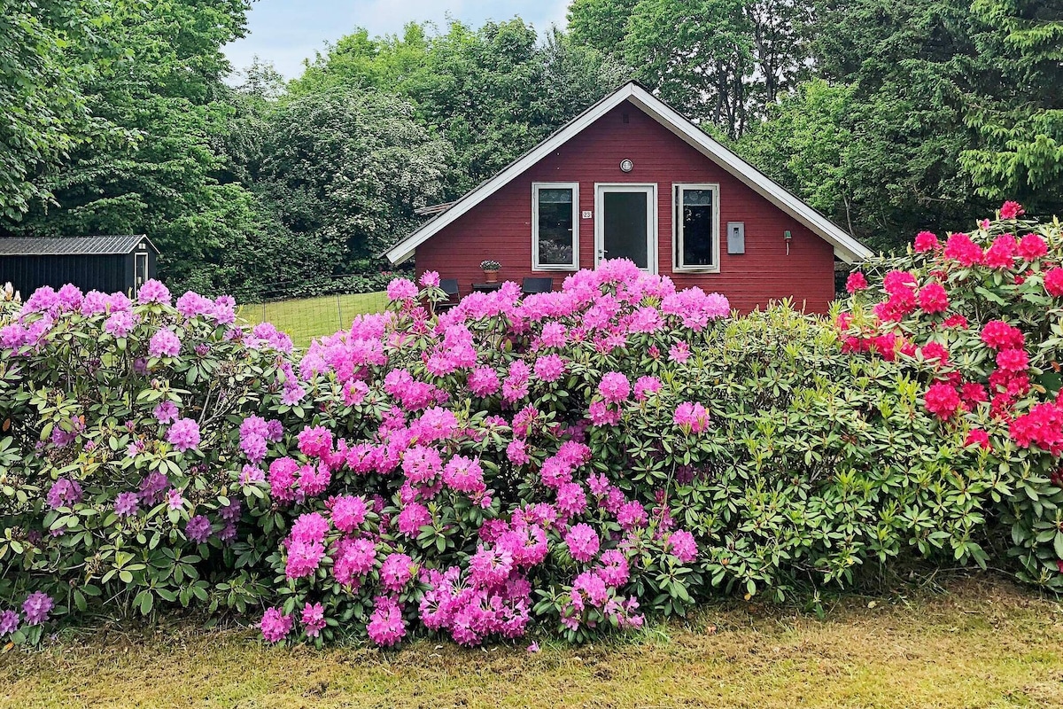 A traditional red holiday home is surrounded by lush greenery and vibrant blooming rhododendrons, showcasing clusters of pink and purple flowers in the foreground. The house features large windows and a welcoming entrance, blending harmoniously with the tranquil outdoor setting.