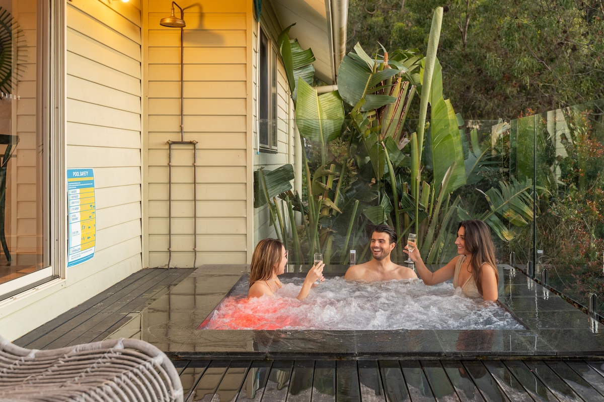 An in-deck spa is surrounded by tropical plants, providing a private oasis. Three guests enjoy the warm water, while drinks are held aloft. The spa features a sleek black border and is set against a backdrop of a cozy wooden deck.