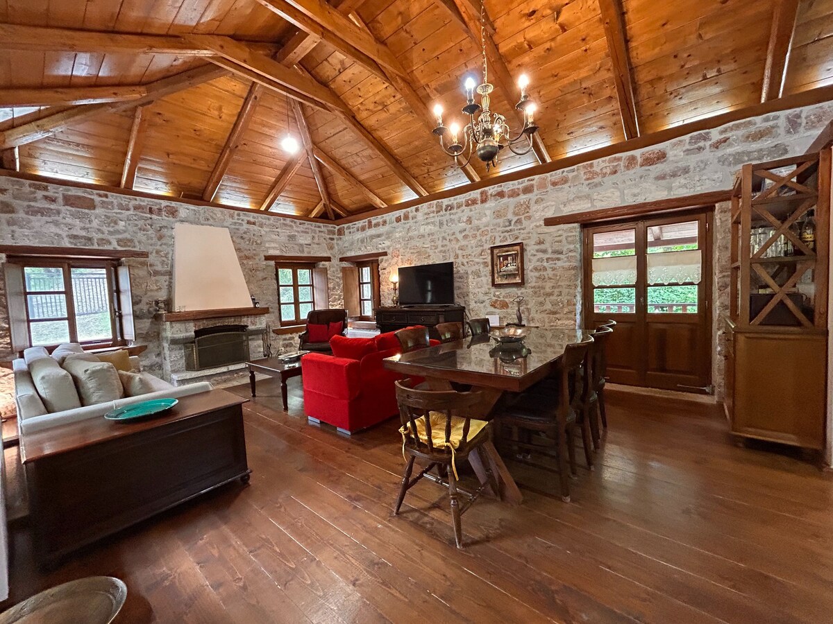A spacious living area features a wooden ceiling with exposed beams. Comfortable seating is provided by a light-colored sofa and red chairs, while a wooden dining table accommodates six. A fireplace and a television add functionality to the room, complemented by natural light from the windows.
