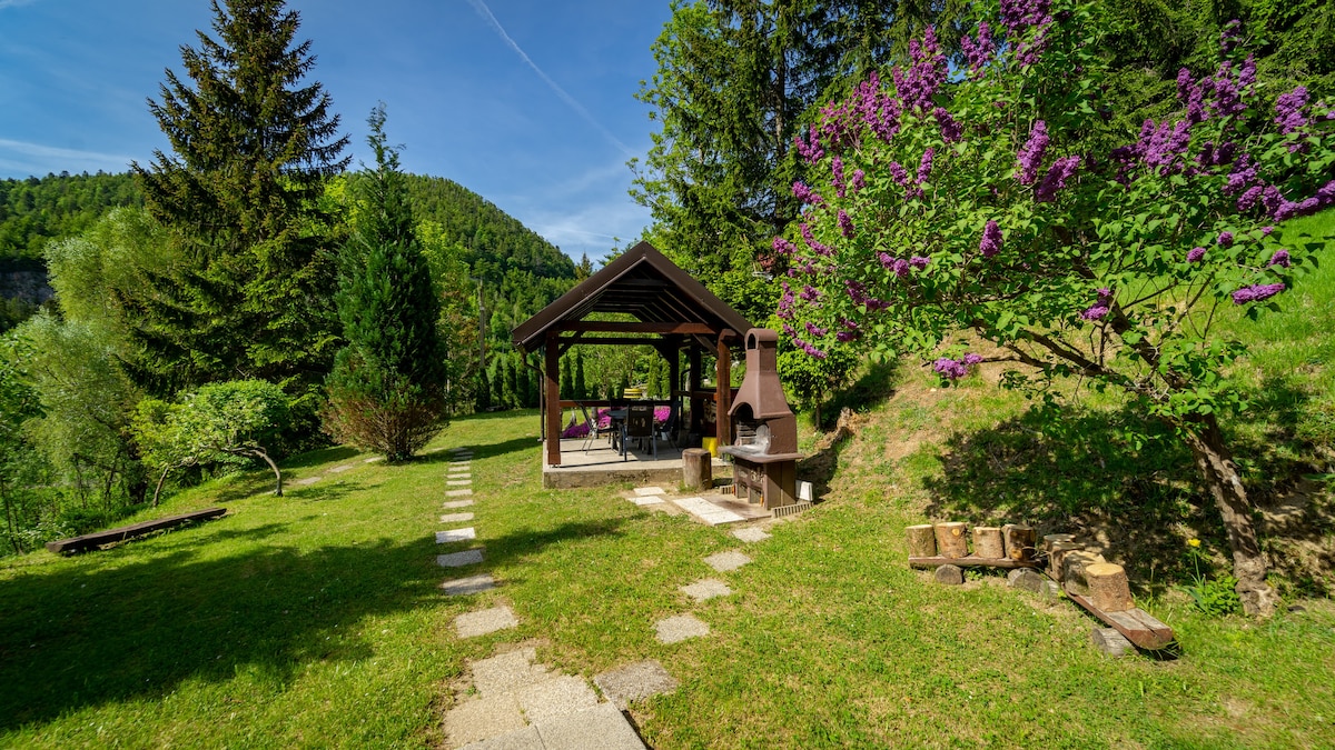 A shaded outdoor area features a wooden gazebo with a barbecue grill. The surrounding green lawn is complemented by flowering shrubs, and a stone pathway leads to the gazebo. Towering trees create a natural backdrop, enhancing the tranquil setting.