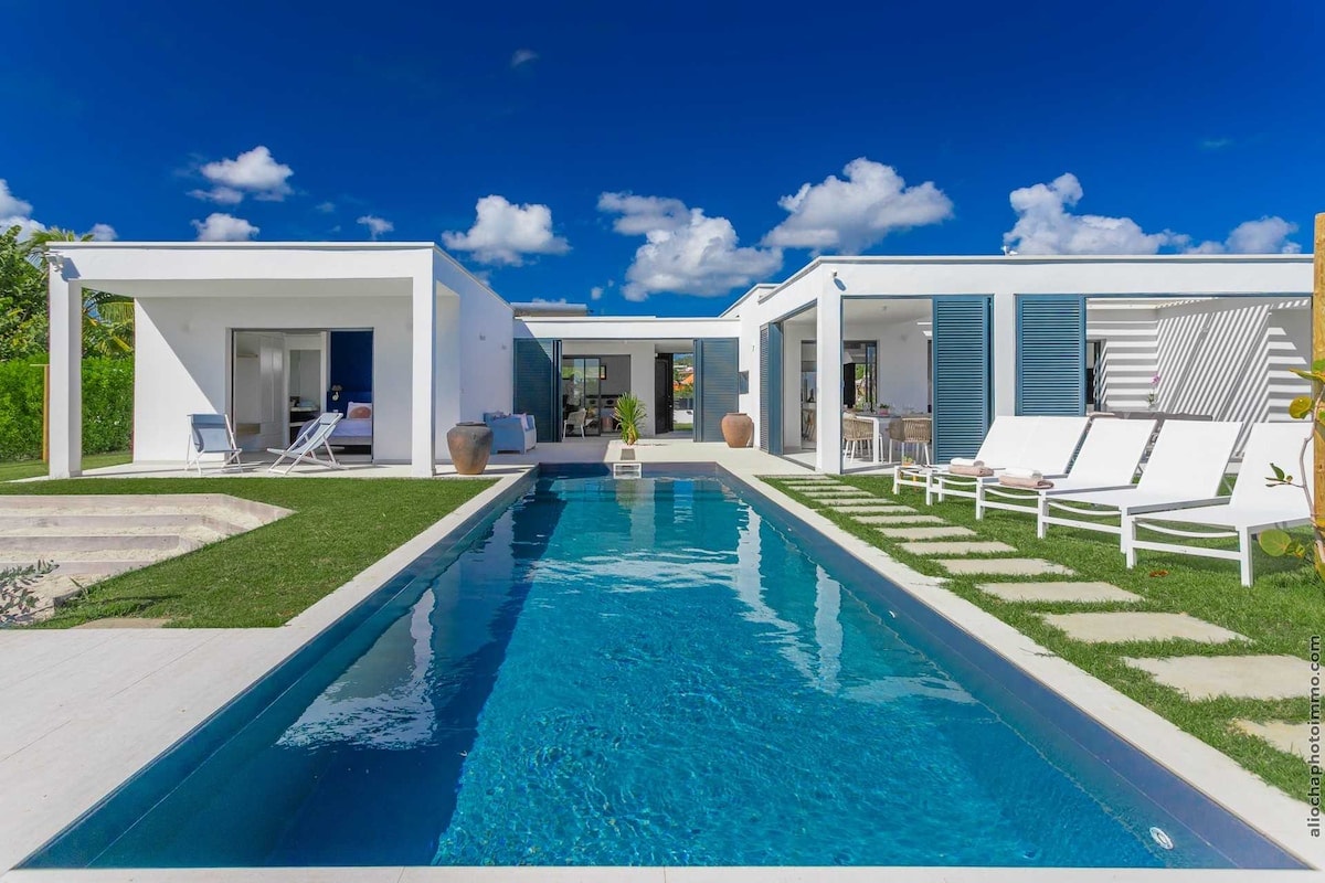 A modern villa is highlighted with a clear blue swimming pool at its center, surrounded by comfortable loungers and a manicured lawn. The structure features minimalist architecture with sleek white walls and large windows, reflecting the bright sky and lush greenery.