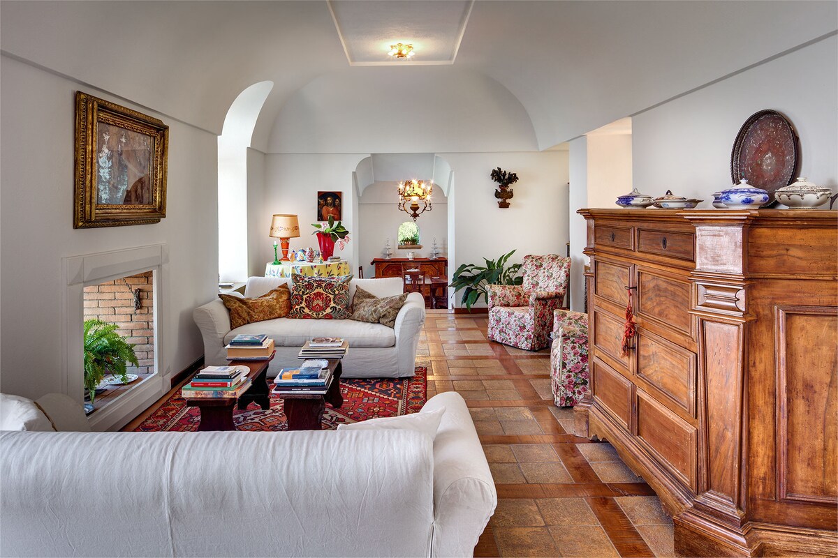 A spacious living area features white sofas with patterned upholstery, arranged around a colorful area rug. Natural light enters through large windows, illuminating the decor, which includes Italian antique furniture and a wooden sideboard. Decorative items and plants add warmth to the inviting space.