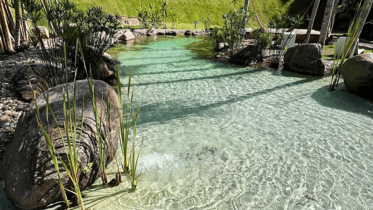 A tranquil artificial lake features clear, shimmering waters complemented by smooth stones and lush greenery. Gentle ripples are seen across the surface, while surrounding plants add a touch of nature, creating a serene environment ideal for relaxation and leisurely moments.