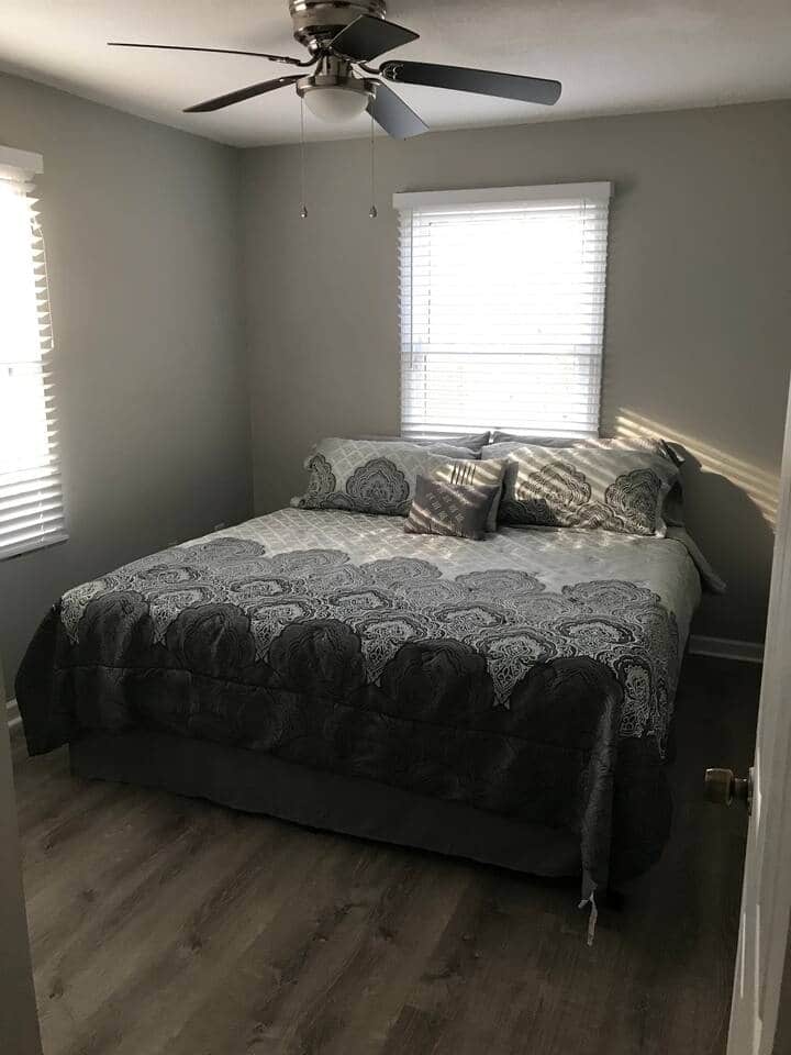 Bedroom downstairs has a King size bed