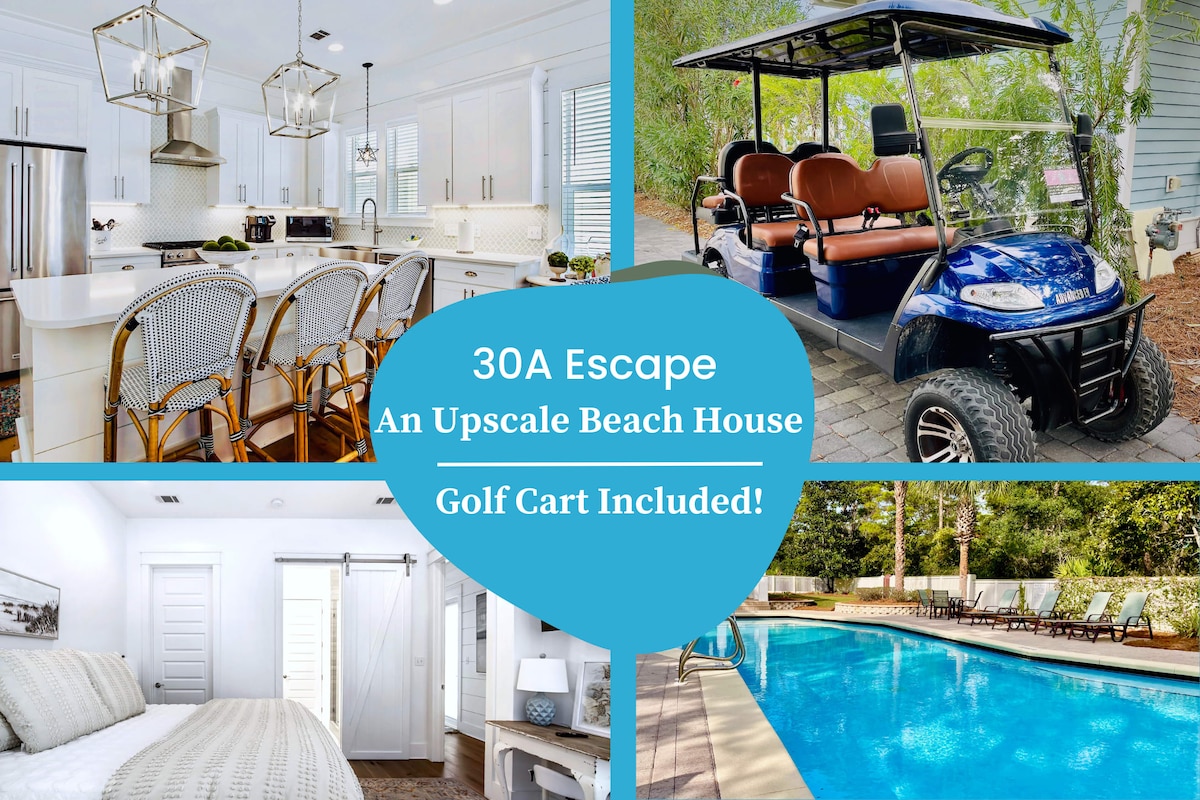 A modern kitchen features white cabinetry with sleek countertops and stylish bar stools. A golf cart is parked nearby, ready for convenient beach access. A comfortable bedroom showcases soft linens, while a pool area invites relaxation with lounge chairs and clear blue water.
