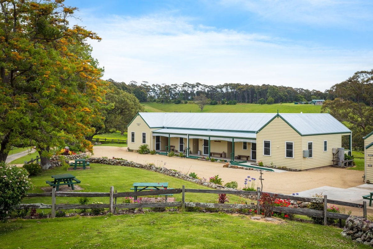A view of the rustic yellow accommodation block featuring four cabins, set against the backdrop of lush greenery. The surrounding area is landscaped with picnic tables and a gravel path, enhancing the serene atmosphere of the property.