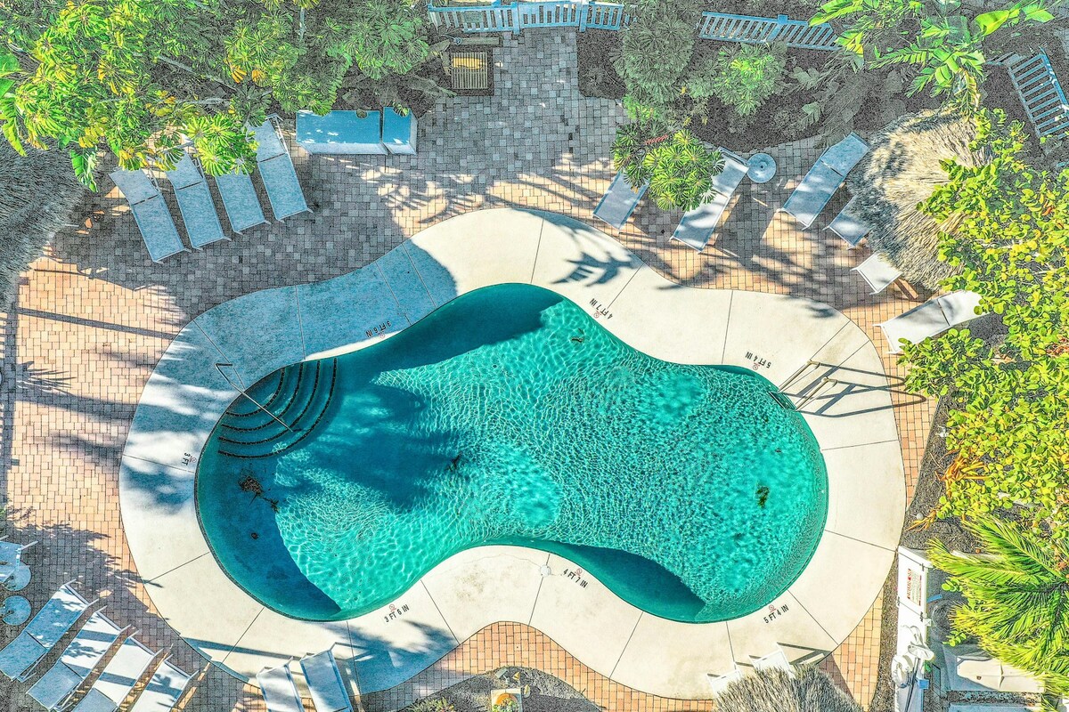 The shared swimming pool is depicted from an aerial view, featuring a unique, organic shape. Surrounding the pool are several lounge chairs arranged on a paved area, shaded by lush greenery. The clear blue water reflects the sunlight, enhancing the inviting atmosphere.