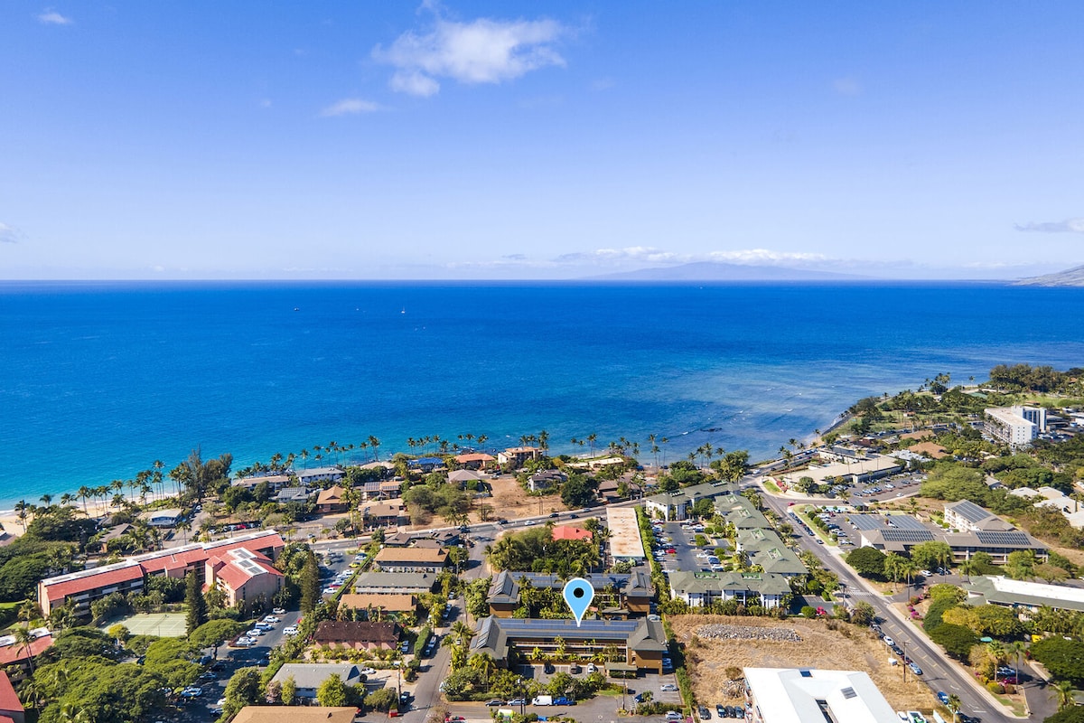 An aerial view captures the proximity of Kalama Terrace to the expansive blue ocean, with coastal palm trees lining the beach. The surrounding area features a mix of residential and commercial structures, along with open spaces, illustrating the vibrant community of South Kihei.