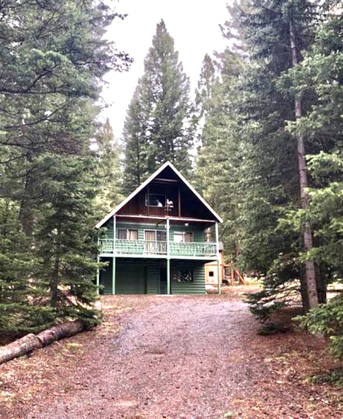 The cabin's exterior is framed by tall pine trees, showcasing its rustic green facade. A peaked roof and multiple balconies are viewed from a gravel path leading to the entrance. The surrounding forest creates a secluded setting, enhancing the cabin's natural charm.