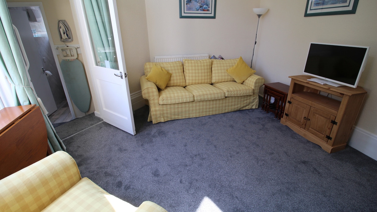 A comfortable living area features a light-colored checkered sofa with decorative cushions. A wooden TV cabinet houses a flat-screen TV. A door leads to a separate space, and an iron and ironing board are discreetly placed nearby. Natural light fills the space through a window with light curtains.