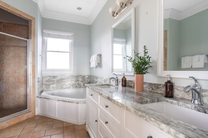 Master bathroom features a jacuzzi tub.