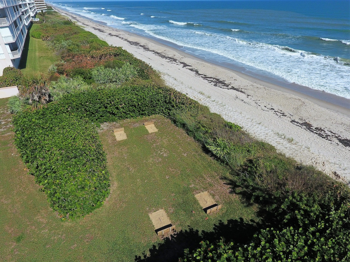 A serene beachfront area is depicted, showcasing a sandy shore lined with gentle ocean waves. Lush green vegetation and manicured grass are visible, with several wooden picnic tables arranged on the land, providing spaces for relaxation and enjoyment of the coastal scenery.